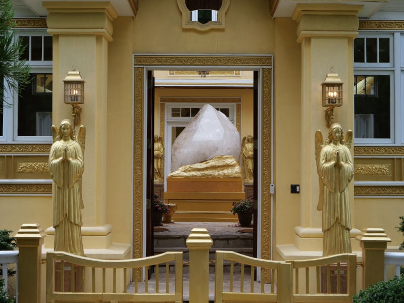 Crystal Chapel entrance flanked by two golden angels